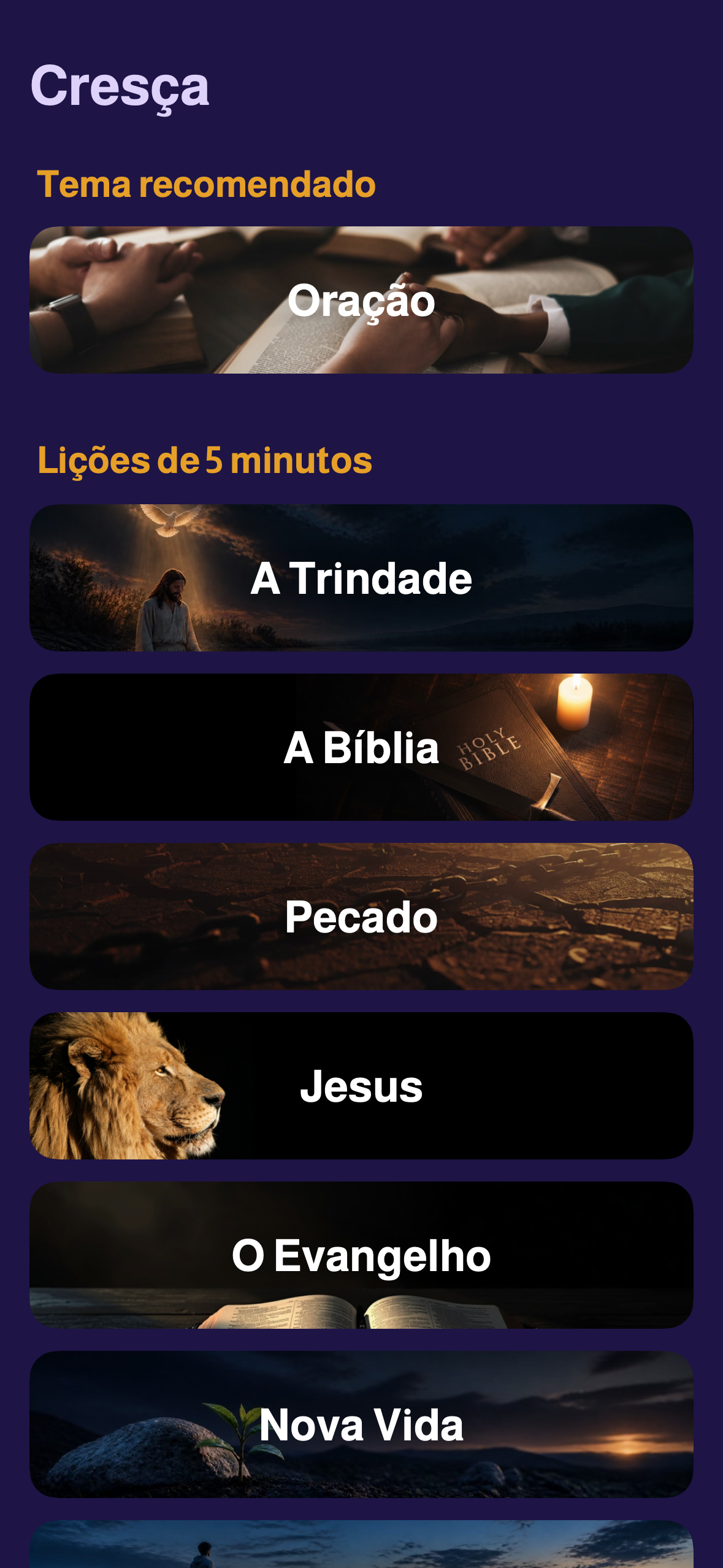 O menu de temas da seção Cresça no Evangely, com cartões ilustrados sobre oração, a Santíssima Trindade, a Bíblia, o pecado, Jesus e o Evangelho.