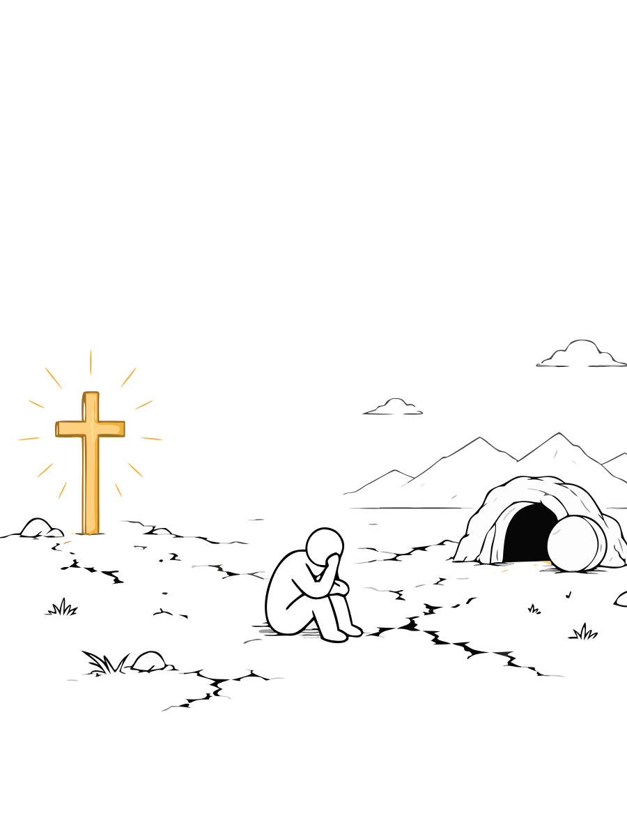 A person kneels on broken ground between a radiant golden cross and an open, empty tomb.