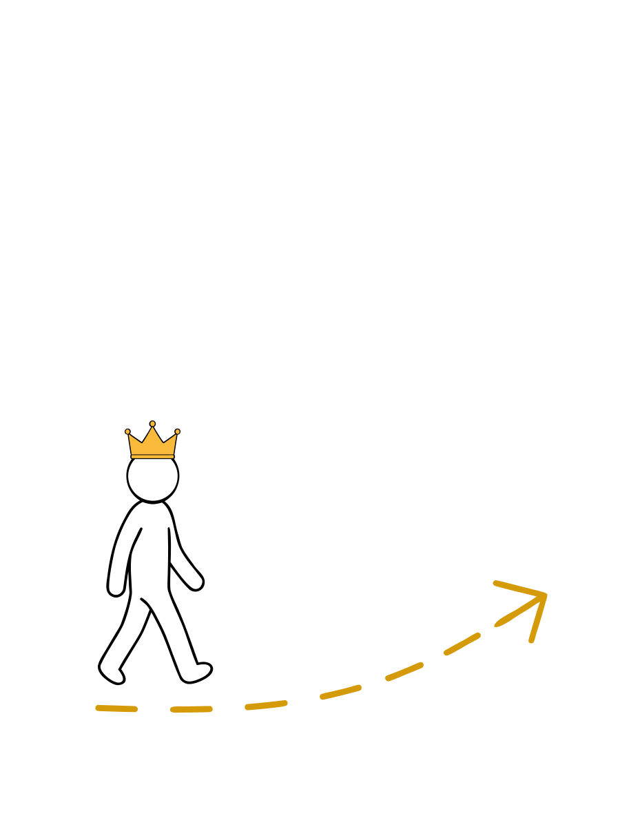 A person wears a small crown and walks away along a dashed golden arrow.