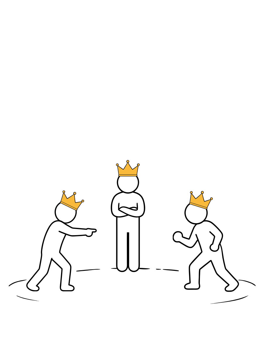 Three people wear small crowns while their gestures suggest conflict and disagreement.