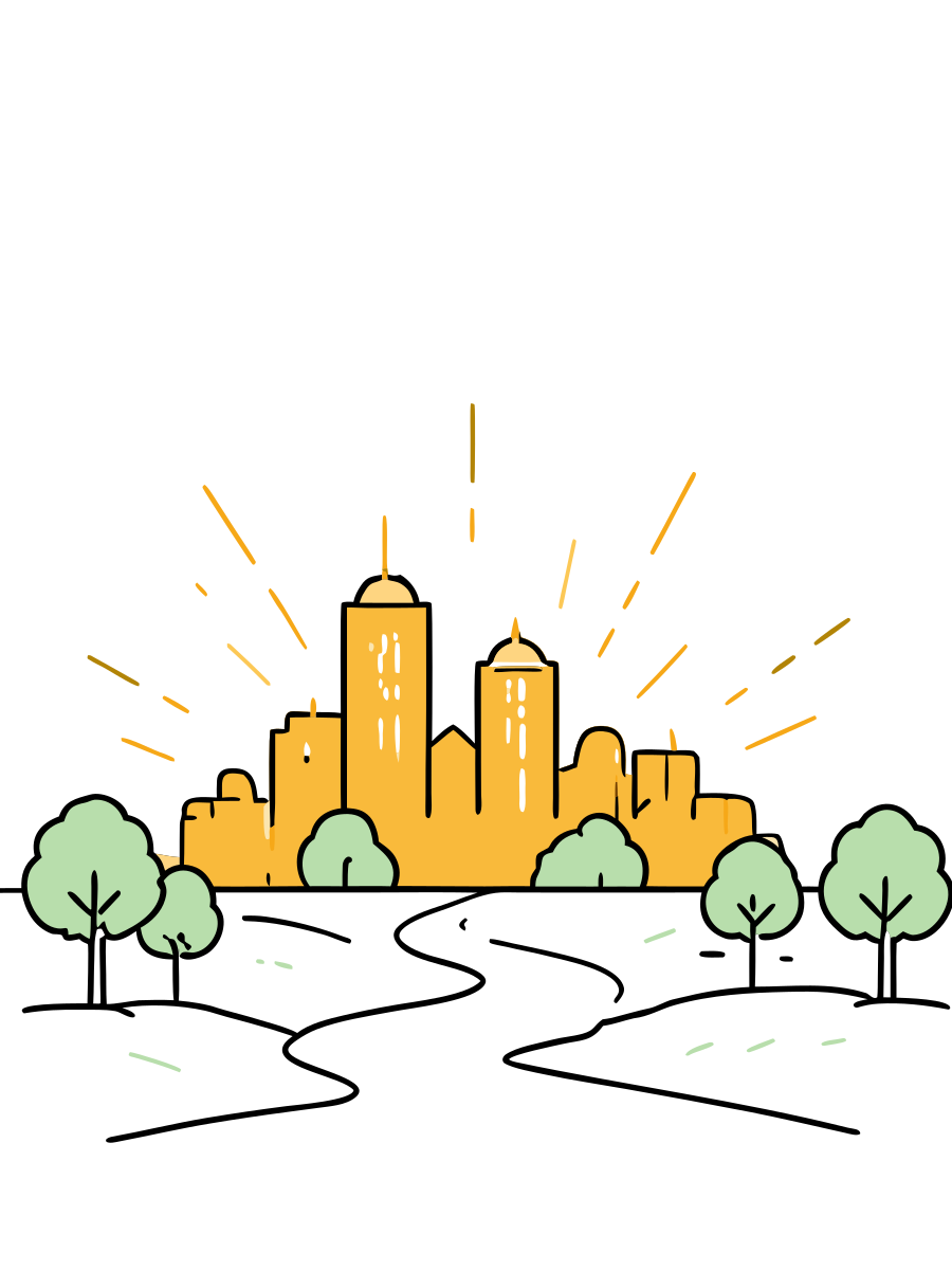 A golden city, green trees, and a winding path show a renewed creation.