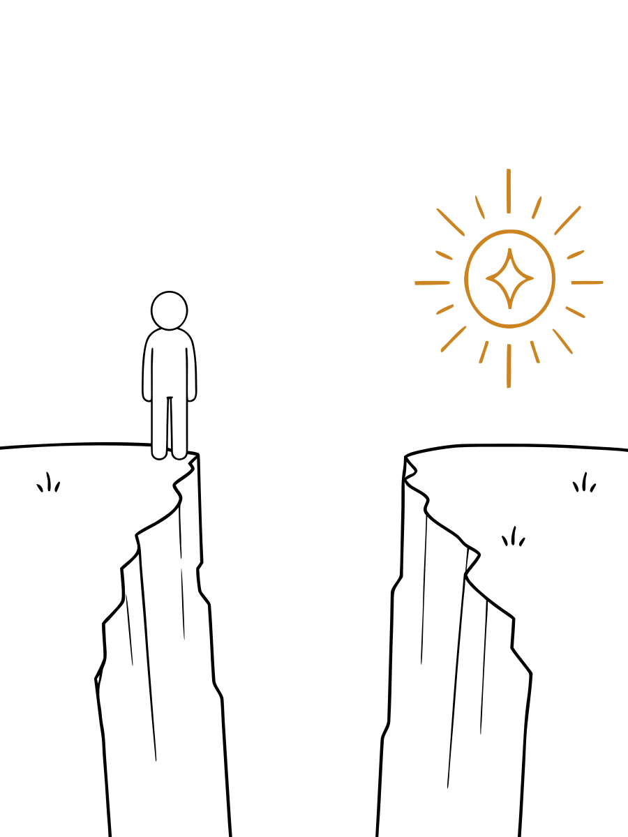 A deep chasm separates a person from a radiant golden symbol on the opposite side.