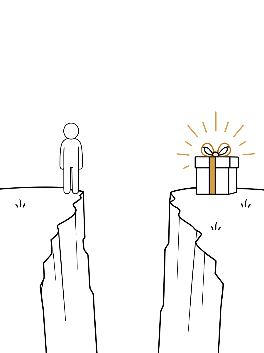 A golden gift waits on the far side of the chasm beneath a radiant symbol, while a person stands across the gap.
