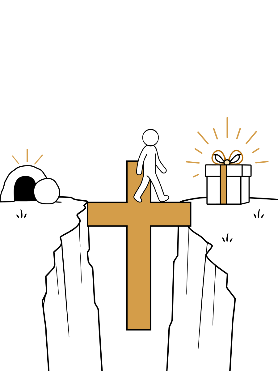 A person walks across the golden cross toward the gift, with the empty tomb behind them.